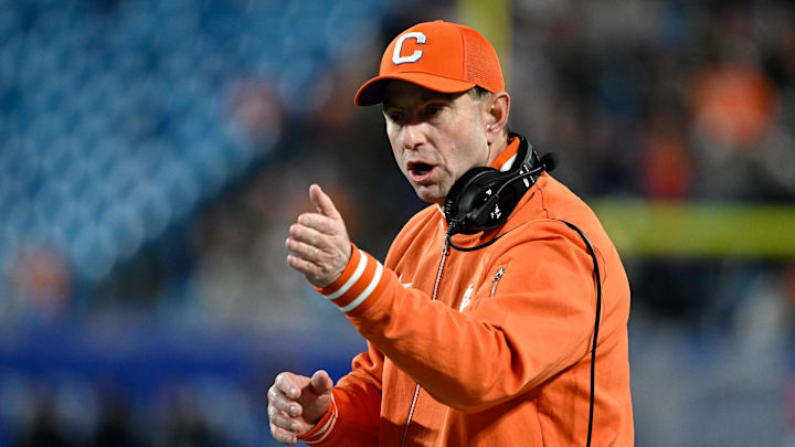 Dec 7, 2024; Charlotte, NC, USA; Clemson Tigers head coach Dabo Swinney during the second quarter against the Southern Methodist Mustangs in the 2024 ACC Championship game at Bank of America Stadium. 