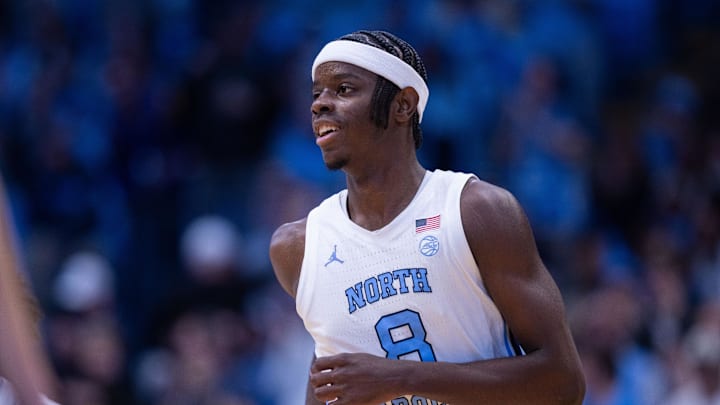 Dec 22, 2025; Chapel Hill, North Carolina, USA; North Carolina Tar Heels forward Caleb Wilson (8) runs back against the East Carolina Pirates during the first half at Dean E. Smith Center.