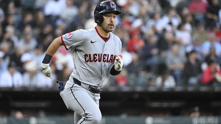 Jun 23, 2026: Cleveland Guardians center fielder Steven Kwan (38) runs after hitting a double during the third inning against the Chicago White Sox at Rate Field. 