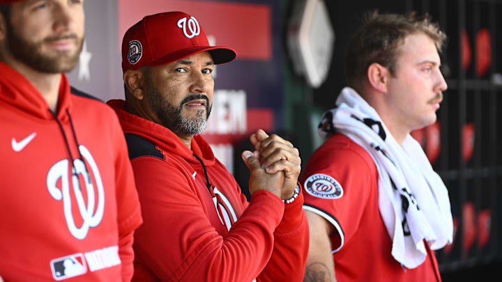 Apr 27, 2025; Washington, District of Columbia, USA; Washington Nationals manager Dave Martinez (4) before the game against the New York Mets at Nationals Park. 
