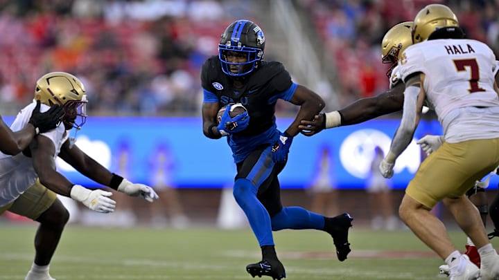 Nov 16, 2024; Dallas, Texas, USA; SMU Mustangs running back Brashard Smith (1) in action during the game between the SMU Mustangs and the Boston College Eagles at Gerald J. Ford Stadium. Mandatory Credit: Jerome Miron-Imagn Images