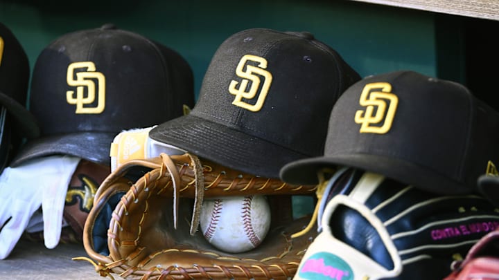 May 24, 2023; Washington, District of Columbia, USA; San Diego Padres hats in the dugout during the game against the Washington Nationals at Nationals Park. Mandatory Credit: Brad Mills-Imagn Images