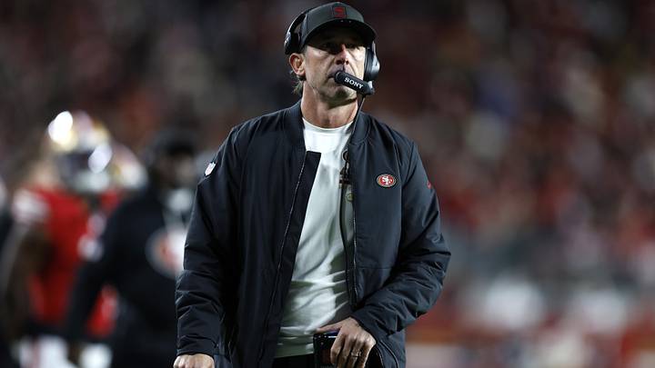 Dec 28, 2025; Santa Clara, California, USA; San Francisco 49ers head coach Kyle Shanahan looks on in the first half against the Chicago Bears at Levi's Stadium. Mandatory Credit: Sergio Estrada-Imagn Images