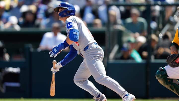 Apr 2, 2025; West Sacramento, California, USA; Chicago Cubs second base Matt Shaw (6) hits an rbi single during the third inning against the Athletics at Sutter Health Park.