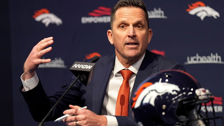 Feb 6, 2023; Englewood, CO, USA; General manager George Paton speaks during a press conference at the UCHealth Training Center. Mandatory Credit: Ron Chenoy-Imagn Images