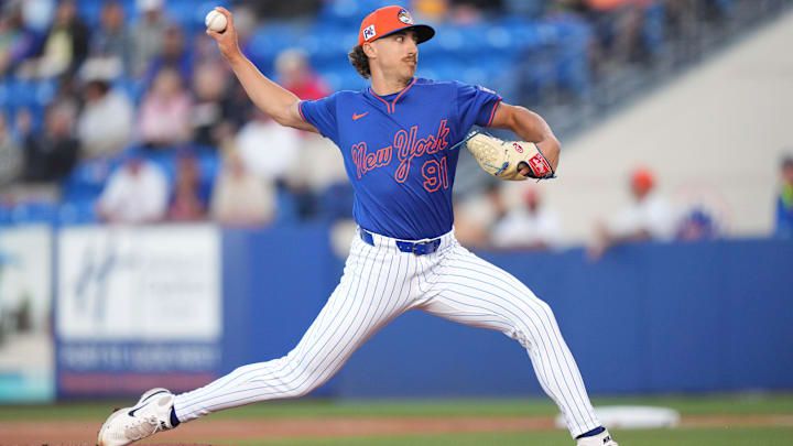 Mar 6, 2025; Port St. Lucie, Florida, USA; New York Mets pitcher Brandon Sproat (91) pitches against the Houston Astros at Clover Park. Mandatory Credit: Jim Rassol-Imagn Images Mar 6, 2025; Port St. Lucie, Florida, USA; New York Mets pitcher Brandon Sproat (91) pitches against the Houston Astros at Clover Park. Mandatory Credit: Jim Rassol-Imagn Images
