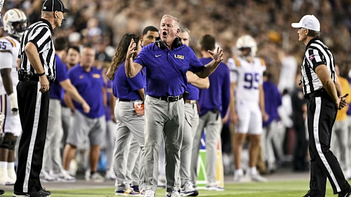 Oct 26, 2024; College Station, Texas, USA; LSU Tigers head coach Brian Kelly speaks with the officials during a time out in the second quarter against the LSU Tigers at Kyle Field. Mandatory Credit: Maria Lysaker-Imagn Images. Oct 26, 2024; College Station, Texas, USA; LSU Tigers head coach Brian Kelly speaks with the officials during a time out in the second quarter against the LSU Tigers at Kyle Field. Mandatory Credit: Maria Lysaker-Imagn Images.