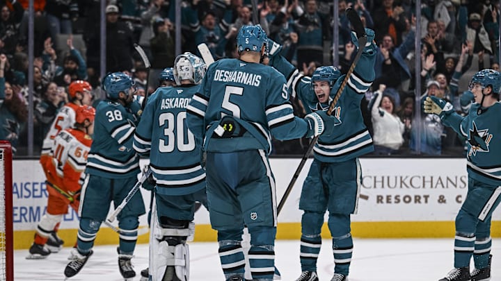 Apr 1, 2026; San Jose, California, USA; The Sharks celebrate after defeating the Anaheim Ducks at SAP Center at San Jose. Mandatory Credit: Justine Willard-Imagn Images