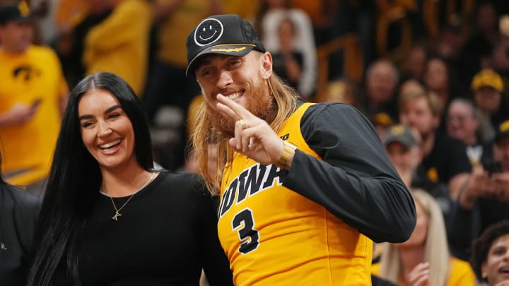 Former Iowa Tight End George Kittle is in attendance during a second-round NCAA Tournament game between Iowa and West Virginia, Monday, March 25, 2024 at Carver Hawkeye Arena in Iowa City.