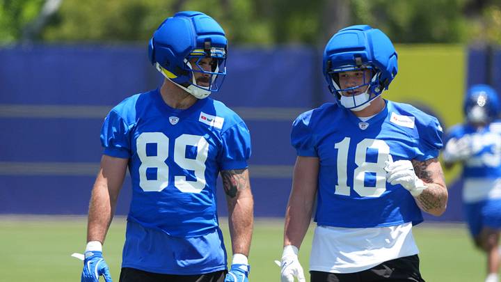 Jun 2, 2026; Woodland Hills, CA, USA; Los Angeles Rams tight ends Tyler Higbee (89) and Terrance Ferguson (18) during organized team activities at Rams Practice Facility. Mandatory Credit: Kirby Lee-Imagn Images Jun 2, 2026; Woodland Hills, CA, USA; Los Angeles Rams tight ends Tyler Higbee (89) and Terrance Ferguson (18) during organized team activities at Rams Practice Facility. Mandatory Credit: Kirby Lee-Imagn Images