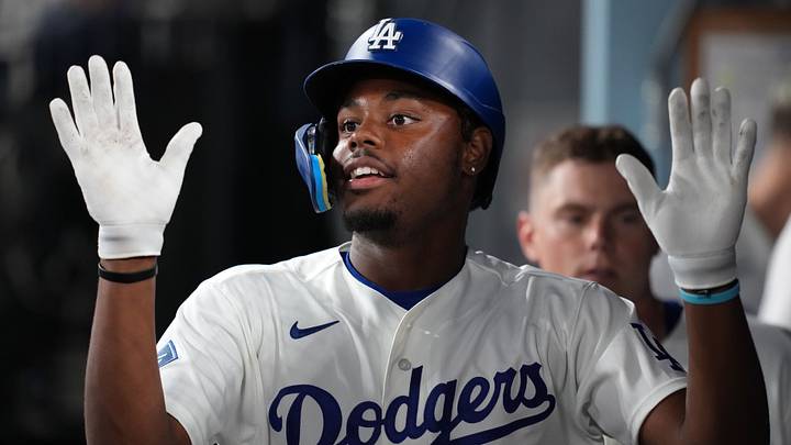 Sep 18, 2026; Los Angeles, California, USA; Los Angeles Dodgers designated hitter Josue de Paula (95) reacts against the San Francisco Giants at Dodger Stadium. Mandatory Credit: Kirby Lee-Imagn Images