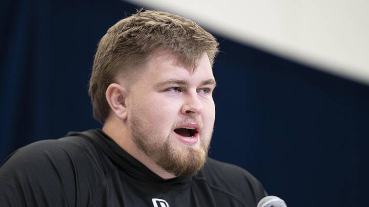 Mar 1, 2025; Indianapolis, IN, USA; California State University-Sacramento offensive lineman Jackson Slater (OL39) answers questions at a press conference during the 2025 NFL Combine at Indiana Convention Center. Mandatory Credit: Jacob Musselman-Imagn Images