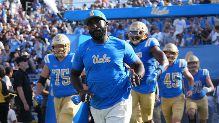 Sep 14, 2024; Pasadena, California, USA; UCLA Bruins head coach DeShaun Foster enters the field before the game against the Indiana Hoosiers at Rose Bowl. Mandatory Credit: Kirby Lee-Imagn Images