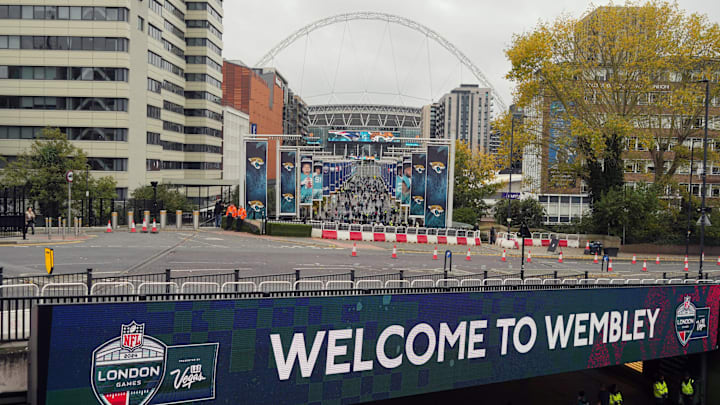 Oct 20, 2024; London, United Kingdom; A general overall view of Wembley Stadium, the site of an NFL International Series game between the New England Patriots and the Jacksonville Jaguars. Mandatory Credit: Kirby Lee-Imagn Images Oct 20, 2024; London, United Kingdom; A general overall view of Wembley Stadium, the site of an NFL International Series game between the New England Patriots and the Jacksonville Jaguars. Mandatory Credit: Kirby Lee-Imagn Images