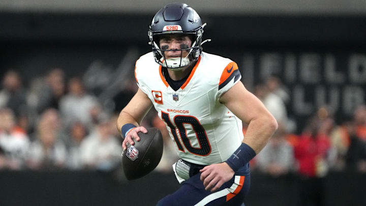 Nov 24, 2024; Paradise, Nevada, USA; Denver Broncos quarterback Bo Nix (10) throws the ball against the Las Vegas Raiders in the first quarter at Allegiant Stadium. 