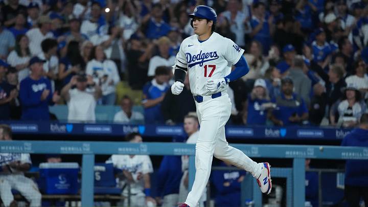 Jun 16, 2026; Los Angeles, California, USA; Los Angeles Dodgers designated hitter Shohei Ohtani (17) reacts after hitting a home run during the sixth inning against the Tampa Bay Rays at Dodger Stadium. Mandatory Credit: Kirby Lee-Imagn Images