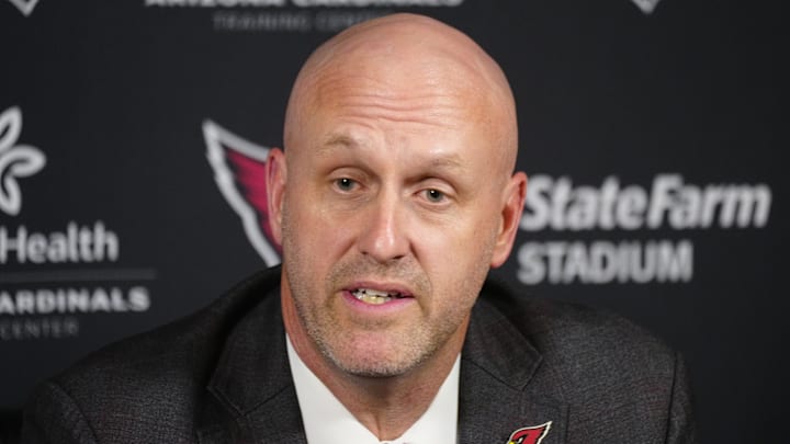 Cardinals general manager Monti Ossenfort speaks about Walter Nolen during a news conference inside the Arizona Cardinals training facility on April 24, 2025, in Tempe.