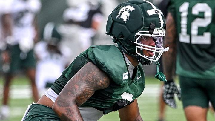 Michigan State’s Jordan Hall works out during a drill at football practice on Thursday, Aug. 6, 2026, in East Lansing. Michigan State’s Jordan Hall works out during a drill at football practice on Thursday, Aug. 6, 2026, in East Lansing.