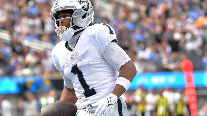 Sep 20, 2026; Inglewood, California, USA; Las Vegas Raiders wide receiver Tre Tucker (1) scores a touchdown against the Los Angeles Chargers during the first half at SoFi Stadium. Sep 20, 2026; Inglewood, California, USA; Las Vegas Raiders wide receiver Tre Tucker (1) scores a touchdown against the Los Angeles Chargers during the first half at SoFi Stadium.