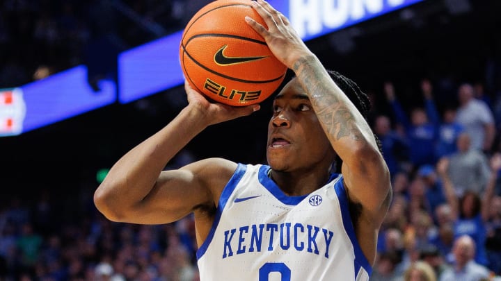 Mar 2, 2024; Lexington, Kentucky, USA; Kentucky Wildcats guard Rob Dillingham (0) shoots during the second half against the Arkansas Razorbacks at Rupp Arena at Central Bank Center. Mandatory Credit: Jordan Prather-USA TODAY Sports