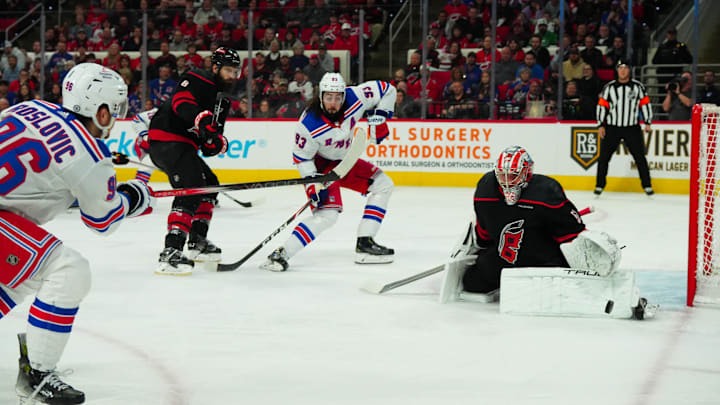 Mar 12, 2024; Raleigh, North Carolina, USA; Carolina Hurricanes goaltender Pyotr Kochetkov (52)