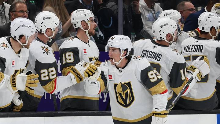 May 1, 2026; Salt Lake City, Utah, USA; Vegas Golden Knights right wing Mitch Marner (93) celebrates with teammates after scoring a goal against the Utah Mammoth during the second period in game six of the first round of the 2026 Stanley Cup Playoffs at Delta Center. Mandatory Credit: Rob Gray-Imagn Images