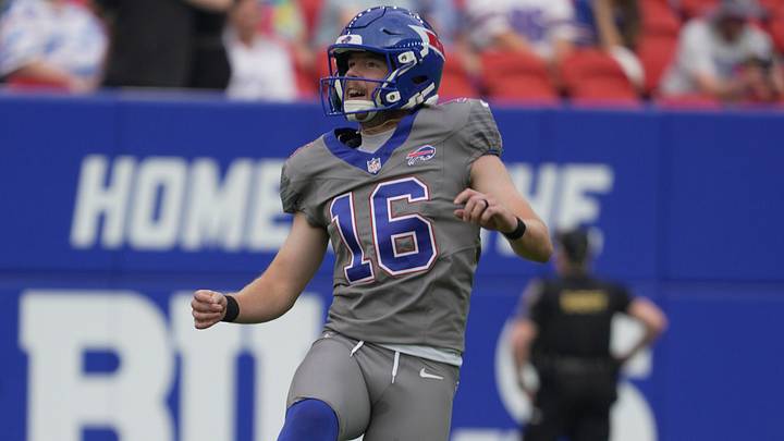 Buffalo Bills' kicker Tyler Bass reacts to a kick he made before Return of the Blue and Red practice at Highmark Stadium in Orchard Park, New York, on Aug. 8, 2026. Buffalo Bills' kicker Tyler Bass reacts to a kick he made before Return of the Blue and Red practice at Highmark Stadium in Orchard Park, New York, on Aug. 8, 2026.