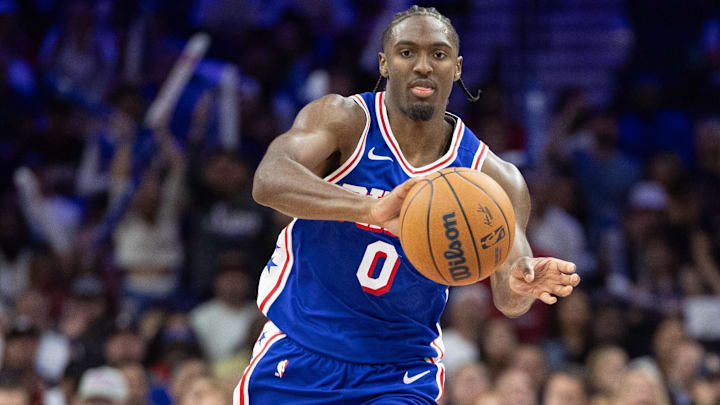 Oct 23, 2024; Philadelphia, Pennsylvania, USA; Philadelphia 76ers guard Tyrese Maxey (0) in action against the Milwaukee Bucks during the fourth quarter at Wells Fargo Center. Mandatory Credit: Bill Streicher-Imagn Images Oct 23, 2024; Philadelphia, Pennsylvania, USA; Philadelphia 76ers guard Tyrese Maxey (0) in action against the Milwaukee Bucks during the fourth quarter at Wells Fargo Center. Mandatory Credit: Bill Streicher-Imagn Images