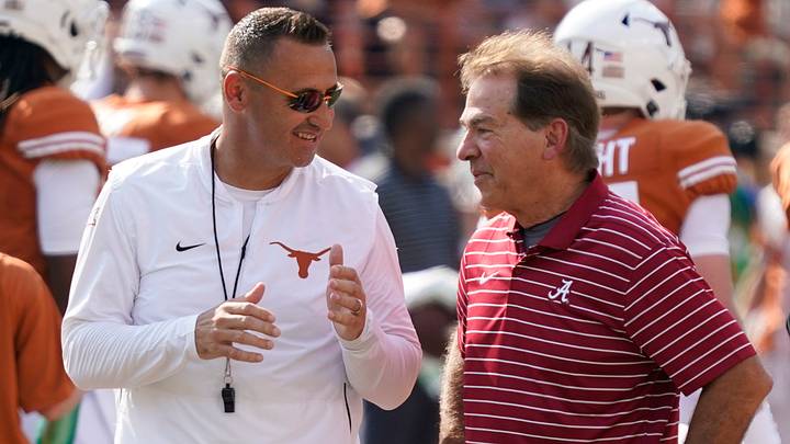 Texas Longhorns head coach Steve Sarkisian talks with Alabama Crimson Tide head coach Nick Saban before the game at Darrell K Royal-Texas Memorial Stadium. Texas Longhorns head coach Steve Sarkisian talks with Alabama Crimson Tide head coach Nick Saban before the game at Darrell K Royal-Texas Memorial Stadium.
