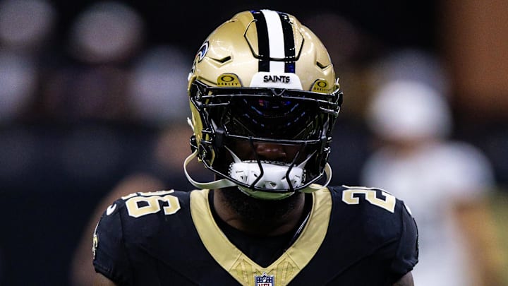 Aug 17, 2025; New Orleans, Louisiana, USA;  New Orleans Saints running back Cam Akers (26) during the warmups at Caesars Superdome. Mandatory Credit: Stephen Lew-Imagn Images