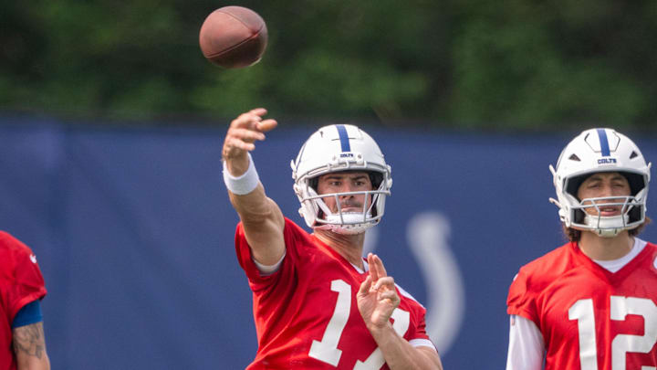 Jun 12, 2025; Indianapolis, IN, USA; Indianapolis Colts quarterback Daniel Jones (17) throws a pass during training camp at the Farm Bureau Football complex. Mandatory Credit: Marc Lebryk-Imagn Images