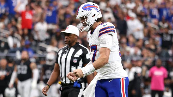 Oct. 18, 2026; Paradise, Nevada, USA; Buffalo Bills' quarterback Josh Allen (17) reacts after a touchdown in the fourth quarter against the Las Vegas Raiders at Allegiant Stadium. Oct. 18, 2026; Paradise, Nevada, USA; Buffalo Bills' quarterback Josh Allen (17) reacts after a touchdown in the fourth quarter against the Las Vegas Raiders at Allegiant Stadium.