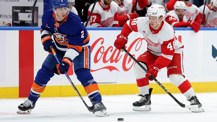 Oct 22, 2024; Elmont, New York, USA; New York Islanders defenseman Mike Reilly (2) plays the puck against Detroit Red Wings right wing Jonatan Berggren (48) during the first period at UBS Arena. Mandatory Credit: Brad Penner-Imagn Images