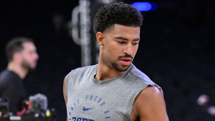Apr 1, 2025; New York, New York, USA; Philadelphia 76ers guard Quentin Grimes (5) warms up before a game against the New York Knicks at Madison Square Garden. Mandatory Credit: John Jones-Imagn Images