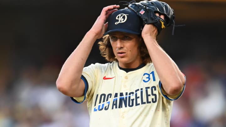 Jun 22, 2024; Los Angeles, California, USA; Los Angeles Dodgers pitcher Tyler Glasnow (31) on the mound against the Los Angeles Angels during the second inning at Dodger Stadium. Mandatory Credit: Jonathan Hui-USA TODAY Sports Jun 22, 2024; Los Angeles, California, USA; Los Angeles Dodgers pitcher Tyler Glasnow (31) on the mound against the Los Angeles Angels during the second inning at Dodger Stadium. Mandatory Credit: Jonathan Hui-USA TODAY Sports