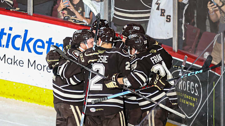 The Bears celebrate a goal by Hendrix Lapierre (29) that gives them a 2-1 lead. The Hershey Bears hosted the Coachella Valley Firebirds Game 6 of the Calder Cup Finals at Giant Center on Monday June 24, 2024. The Bears defeated the Firebirds, 5-4 in OT to claim their 13th Calder Cup Championship and their second in a row.