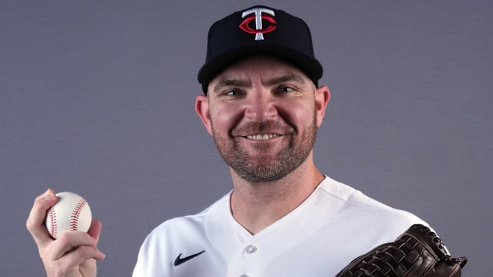 Feb 19, 2026; Lee County, FL, USA;  Minnesota Twins right-handed pitcher Liam Hendriks (31) poses for a portrait during photo day at Hammond Stadium. Mandatory Credit: Jim Rassol-Imagn Images