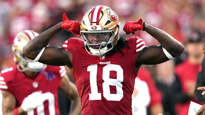 Sep 9, 2024; Santa Clara, California, USA; San Francisco 49ers wide receiver Chris Conley (18) gestures after a catch by fullback Kyle Juszczyk (not shown) during the third quarter against the New York Jets at Levi's Stadium. Mandatory Credit: Darren Yamashita-Imagn Images Sep 9, 2024; Santa Clara, California, USA; San Francisco 49ers wide receiver Chris Conley (18) gestures after a catch by fullback Kyle Juszczyk (not shown) during the third quarter against the New York Jets at Levi's Stadium. Mandatory Credit: Darren Yamashita-Imagn Images