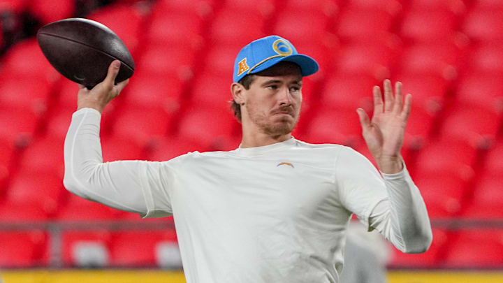 Dec 8, 2024; Kansas City, Missouri, USA; Los Angeles Chargers quarterback Justin Herbert (10) warms up against the Kansas City Chiefs prior to a game at GEHA Field at Arrowhead Stadium. Dec 8, 2024; Kansas City, Missouri, USA; Los Angeles Chargers quarterback Justin Herbert (10) warms up against the Kansas City Chiefs prior to a game at GEHA Field at Arrowhead Stadium.