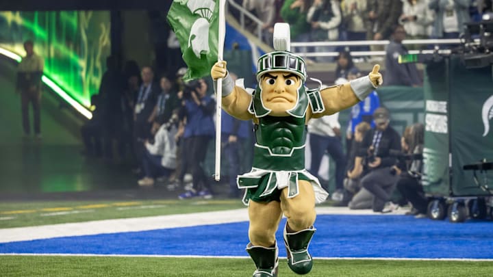 Nov 24, 2023; Detroit, Michigan, USA; Sparty the Michigan State Spartans mascot runs out of the tunnel before the game against Penn State at Ford Field. Mandatory Credit: David Reginek-Imagn Images