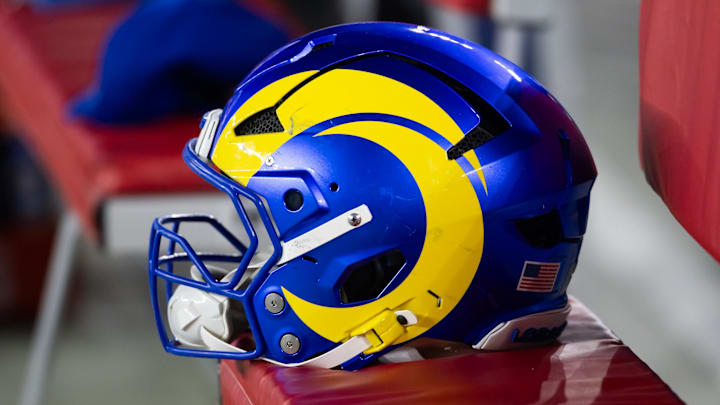 Jan 13, 2025; Glendale, AZ, USA; Detailed view of a Los Angeles Rams helmet during an NFC wild card game at State Farm Stadium. Mandatory Credit: Mark J. Rebilas-Imagn Images Jan 13, 2025; Glendale, AZ, USA; Detailed view of a Los Angeles Rams helmet during an NFC wild card game at State Farm Stadium. Mandatory Credit: Mark J. Rebilas-Imagn Images