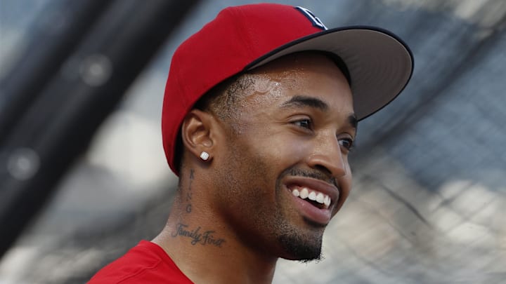Sep 5, 2024; Pittsburgh, Pennsylvania, USA;  Washington Nationals shortstop Nasim Nunez (26) smiles at the batting cage before a game against the Pittsburgh Pirates at PNC Park