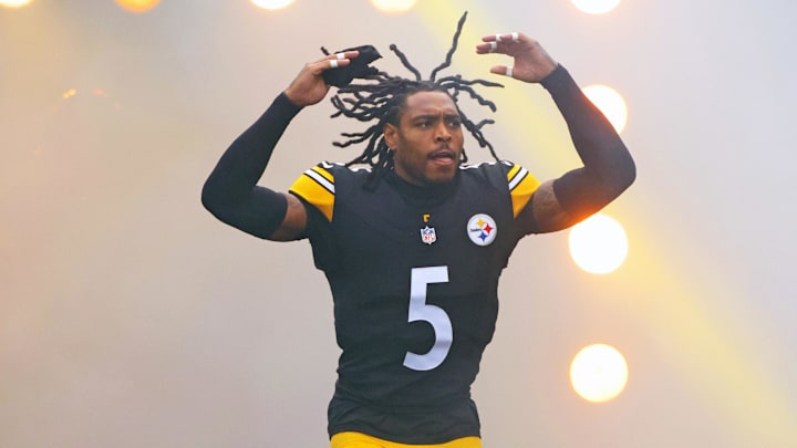Nov 2, 2025; Pittsburgh, Pennsylvania, USA; Pittsburgh Steelers cornerback Jalen Ramsey (5) enters the field before the game against the Indianapolis Colts at Acrisure Stadium. Mandatory Credit: Charles LeClaire-Imagn Images