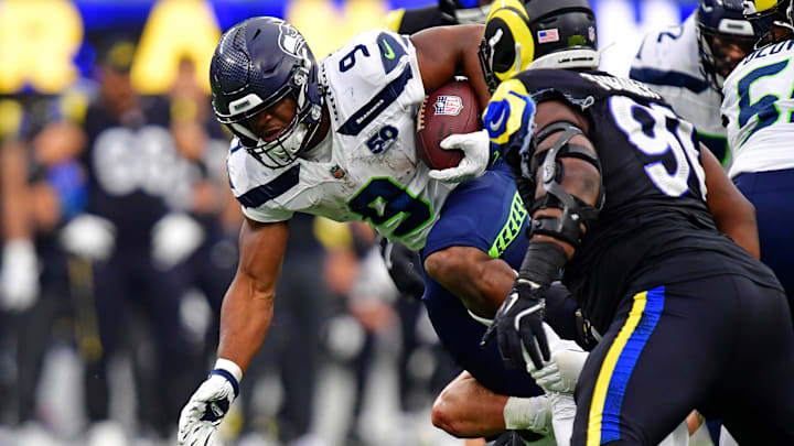 Nov 16, 2025; Inglewood, California, USA; Seattle Seahawks running back Kenneth Walker III (9) runs the ball during the second half against the Seattle Seahawks at SoFi Stadium. Mandatory Credit: Gary A. Vasquez-Imagn Images