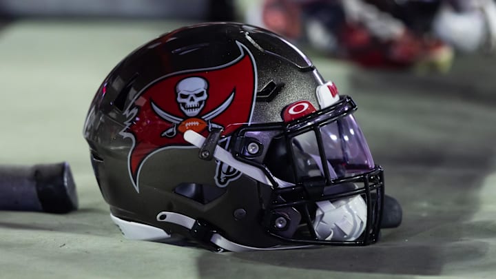 Detailed view of a Tampa Bay Buccaneers helmet at State Farm Stadium.