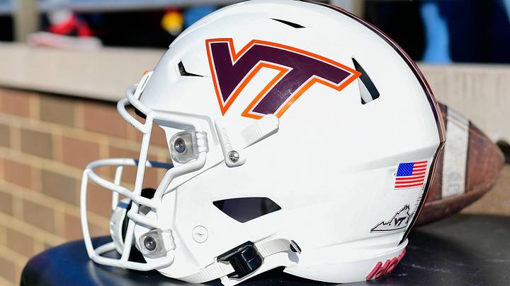 Nov 11, 2023; Chestnut Hill, Mass.; A Virginia Tech helmet rests on a table during the first half against Boston College.