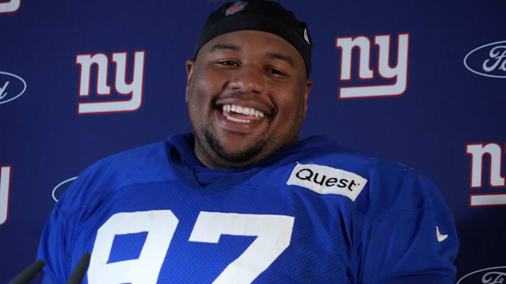 Nov 8, 2024; Munich, Germany; New York Giants defensive tackle Dexter Lawrence II (97) during press conference at the FC Bayern Munchen training grounds at Sabener Strasse. Mandatory Credit: Kirby Lee-Imagn Images Nov 8, 2024; Munich, Germany; New York Giants defensive tackle Dexter Lawrence II (97) during press conference at the FC Bayern Munchen training grounds at Sabener Strasse. Mandatory Credit: Kirby Lee-Imagn Images
