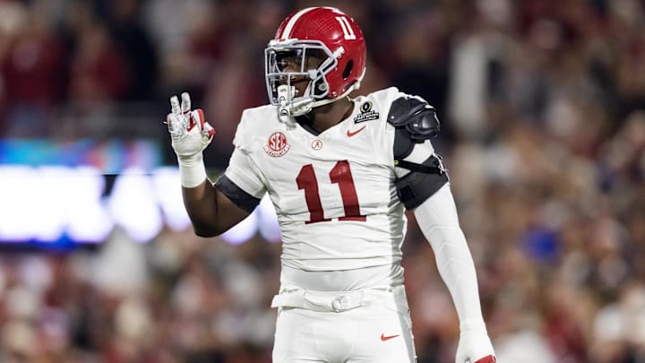 Dec 19, 2025; Norman, OK, USA; Alabama Crimson Tide defensive lineman Jordan Renaud (11) against the Oklahoma Sooners during the CFP National Playoff First Round at Gaylord Family Oklahoma Memorial Stadium. Mandatory Credit: Mark J. Rebilas-Imagn Images