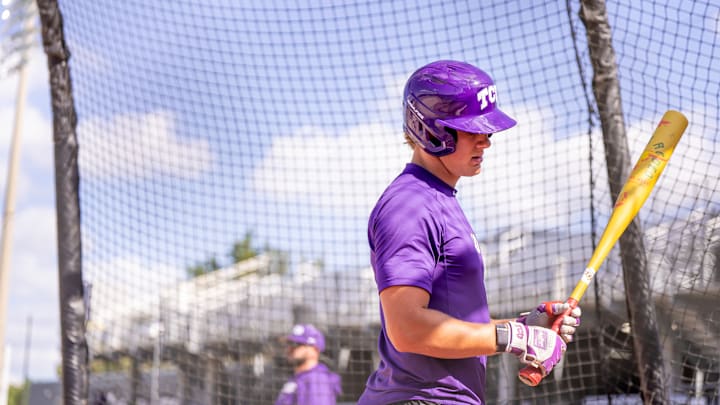 April 18, 2025: TCU's Chase Brunson taking batting practice before a game against UCF.