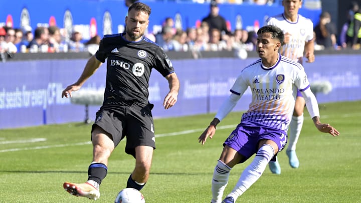 May 7, 2022; Montreal, Quebec, CAN; CF Montreal defender Rudy Camacho (4) plays the ball and Orlando
